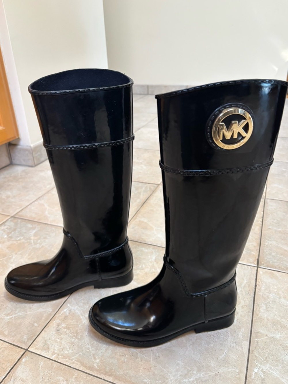 Michael Kors Black Glossy MK Medallion Knee High Rain Boots